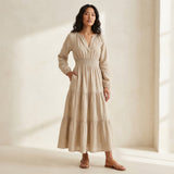 Beige Cotton Flax Fit and Flare Maxi Tier Dress