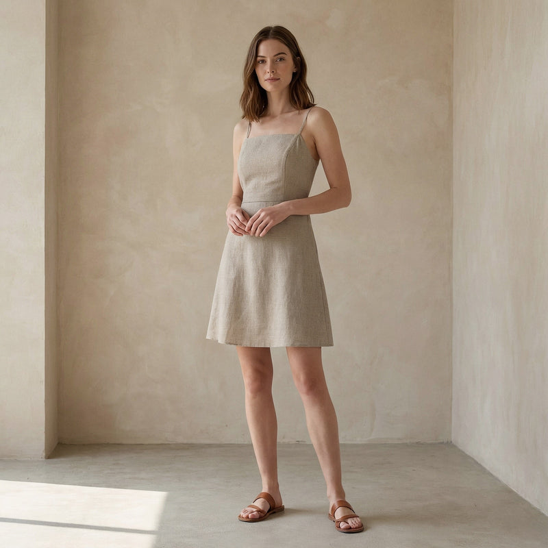 Beige Cotton Flax Fit and Flare Short Dress 34