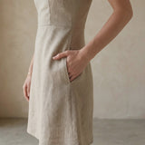 Beige Cotton Flax Fit and Flare Short Dress