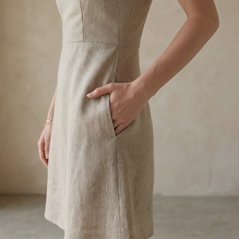 Beige Cotton Flax Fit and Flare Short Dress 34" / Petite (5'1" and below) Beige Cotton Flax Fit and Flare Short Dress 34" / Petite (5'1" and below)