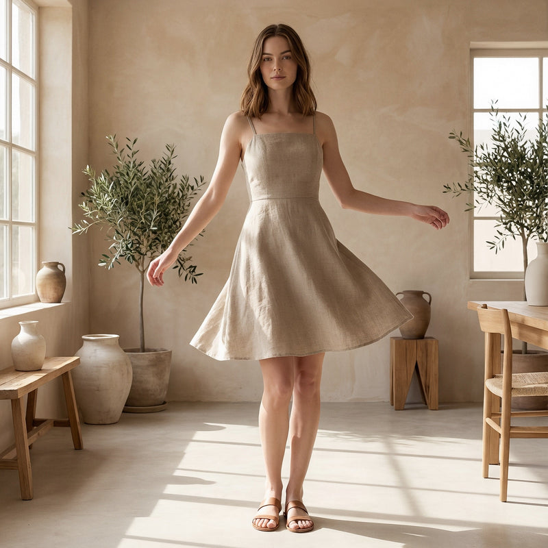 Beige Cotton Flax Fit and Flare Short Dress 34" / Petite (5'1" and below) Beige Cotton Flax Fit and Flare Short Dress 34" / Petite (5'1" and below)