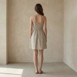 Beige Cotton Flax Fit and Flare Short Dress