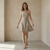 Beige Cotton Flax Fit and Flare Short Dress