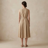 Beige Cotton Flax Fit and Flare Sleeveless Dress