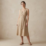 Beige Cotton Flax Fit and Flare Sleeveless Dress