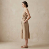 Beige Cotton Flax Fit and Flare Sleeveless Dress