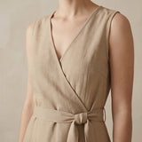 Beige Cotton Flax Fit and Flare Sleeveless Dress