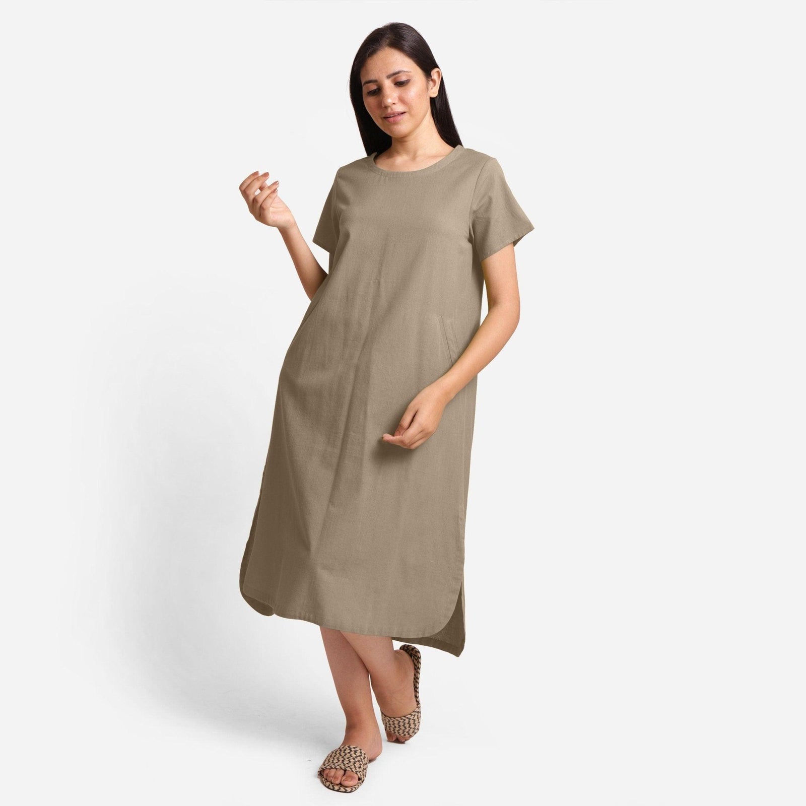 Beige Cotton Flax High-Low Midi Shift Dress 44" / Tall (5'7" and above) Beige Cotton Flax High-Low Midi Shift Dress 44" / Tall (5'7" and above)