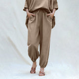 Beige Cotton Flax High-Rise Elasticated Jogger Pant