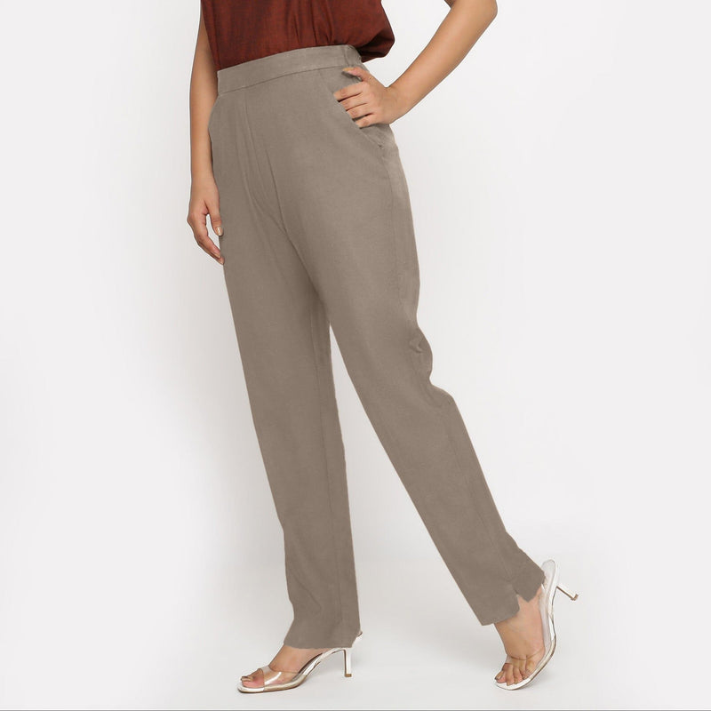 Beige Cotton Flax High-Rise Elasticated Tapered Pant