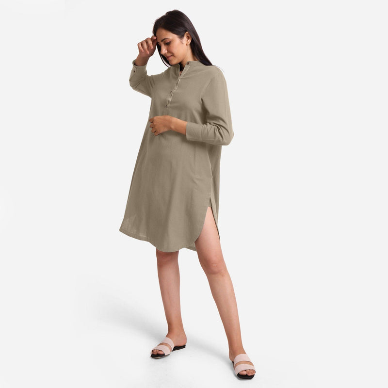 Left View of a Model wearing Beige Cotton Flax Shirt Dress