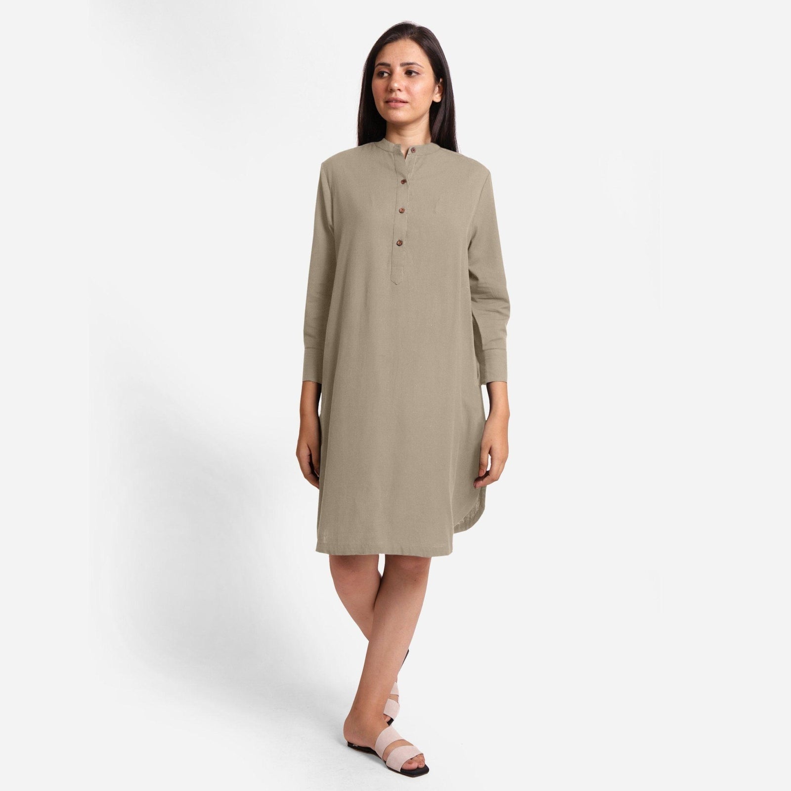 Beige Cotton Flax Knee Length Shirt Dress 44" / Tall (5'7" and above)