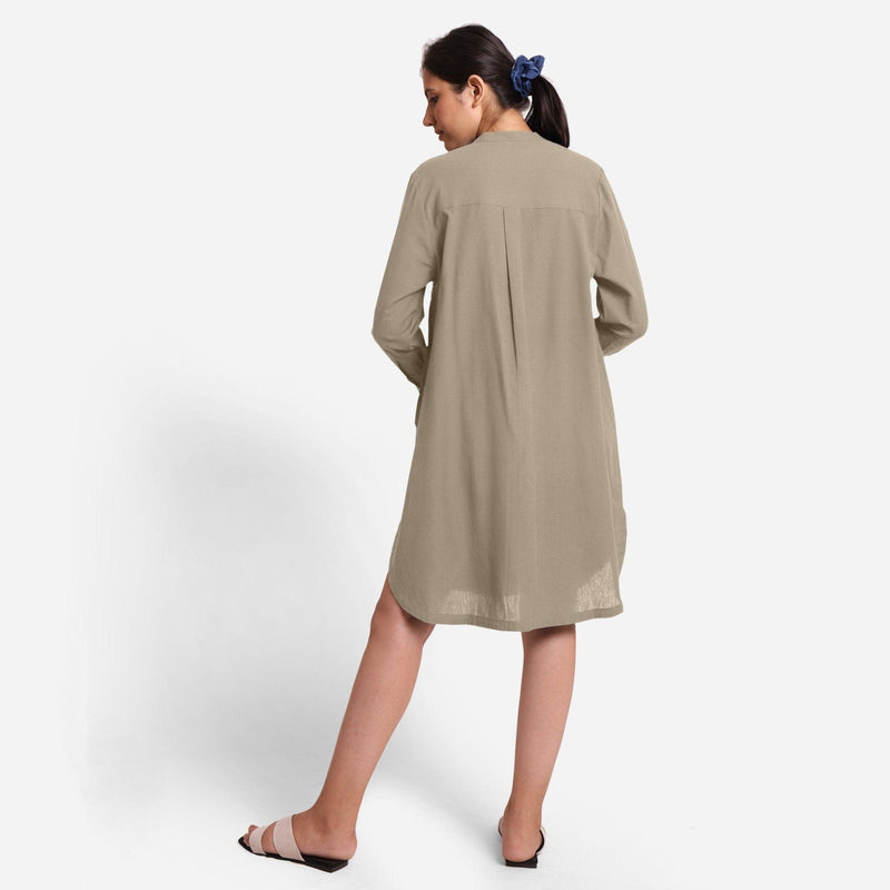 Back View of a Model wearing Beige Cotton Flax Shirt Dress