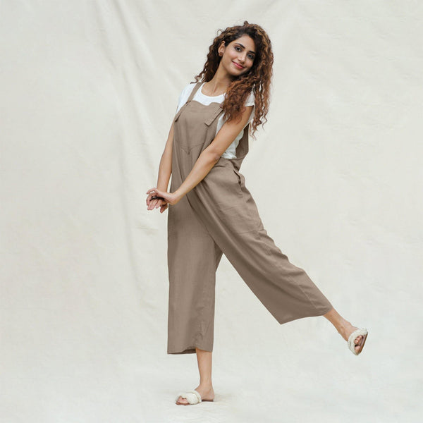 Beige Cotton Flax Midi Dungaree Jumpsuit