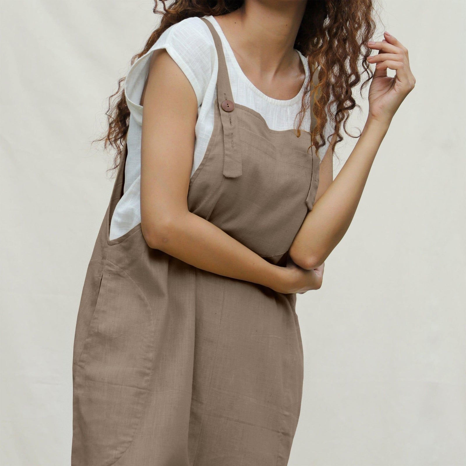 Buy Beige Cotton Flax Midi Dungaree Jumpsuit Online at SeamsFriendly