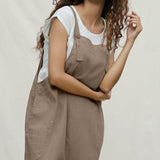 Beige Cotton Flax Midi Dungaree Jumpsuit