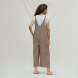 Beige Cotton Flax Midi Dungaree Jumpsuit