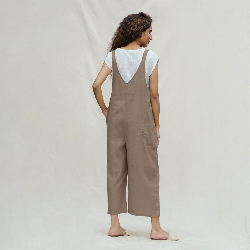 Beige Cotton Flax Midi Dungaree Jumpsuit