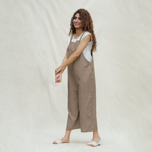 Beige Cotton Flax Midi Dungaree Jumpsuit