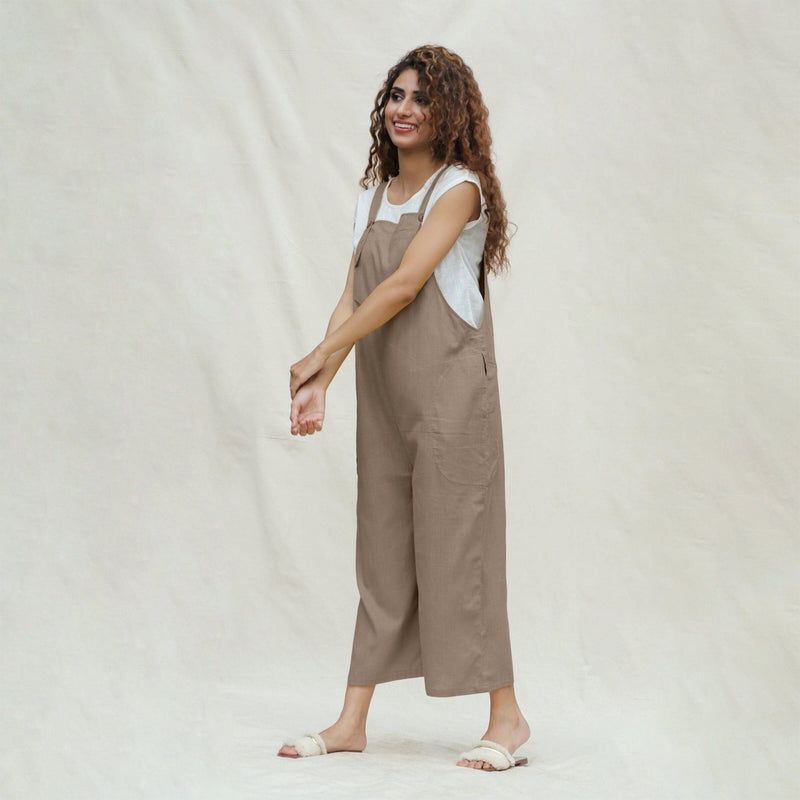 beige dungaree dress Mod.35.2 Beige plaid dungaree dress with embroidered yolk