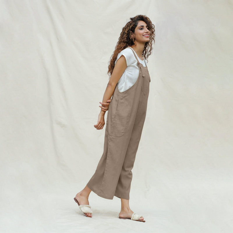 Beige Cotton Flax Midi Dungaree Jumpsuit