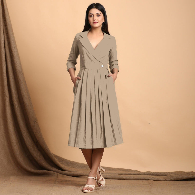 Beige Cotton Flax Notched Collar Midi Pleated Wrap Dress