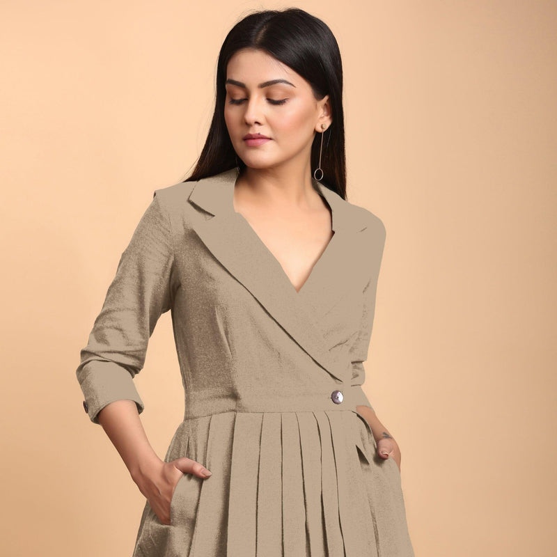 Beige Cotton Flax Notched Collar Midi Pleated Wrap Dress