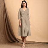 Beige Cotton Flax Notched Collar Midi Pleated Wrap Dress