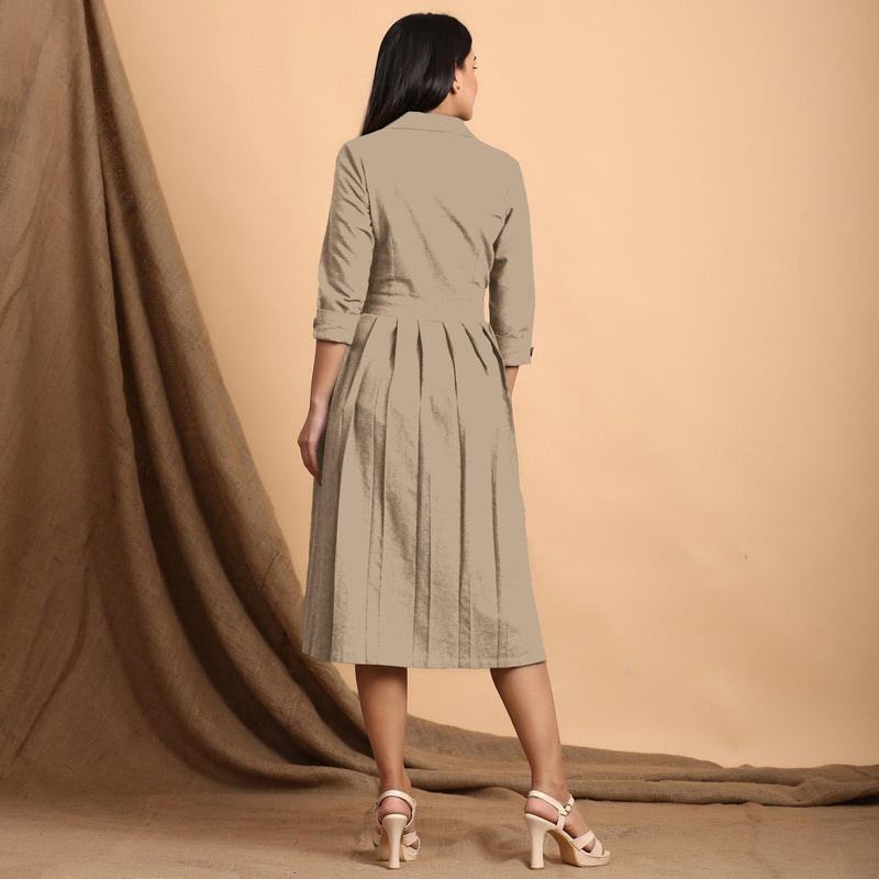 Beige Cotton Flax Notched Collar Midi Pleated Wrap Dress