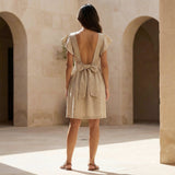 Beige Cotton Flax Open-Back Fit and Flare Knee Length Dress