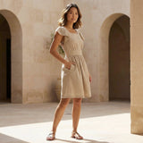 Beige Cotton Flax Open-Back Fit and Flare Knee Length Dress