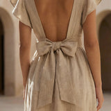 Beige Cotton Flax Open-Back Fit and Flare Knee Length Dress