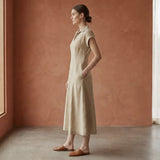 Beige Cotton Flax Paneled A-Line Midi Dress