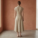 Beige Cotton Flax Paneled A-Line Midi Dress