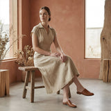 Beige Cotton Flax Paneled A-Line Midi Dress