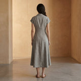 Beige Cotton Flax Paneled A-Line Midi Dress