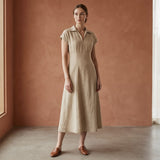 Beige Cotton Flax Paneled A-Line Midi Dress