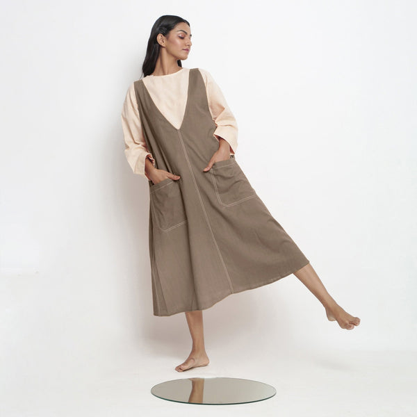 Beige Cotton Flax Paneled Midi Shift Dress