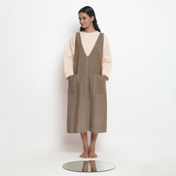 Beige Cotton Flax Paneled Midi Shift Dress
