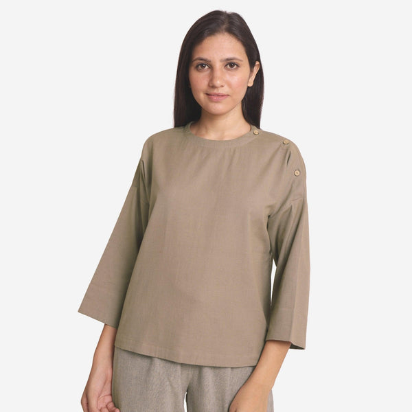 Front View of a Model wearing Brown Cotton Flax A-Line Flared Top