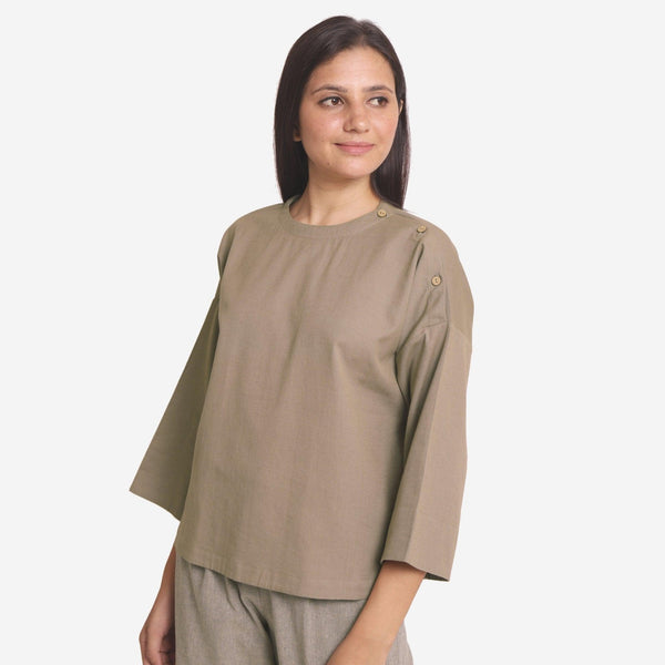 Left View of a Model wearing Brown Cotton Flax A-Line Flared Top