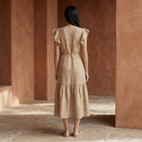 Beige Cotton Flax Ruffle Midi Wrap Dress