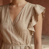 Beige Cotton Flax Ruffle Midi Wrap Dress