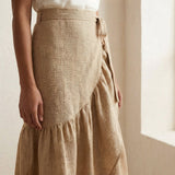 Beige Cotton Flax Ruffle Midi Wrap Skirt
