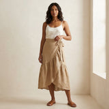 Beige Cotton Flax Ruffle Midi Wrap Skirt