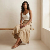 Beige Cotton Flax Ruffle Midi Wrap Skirt
