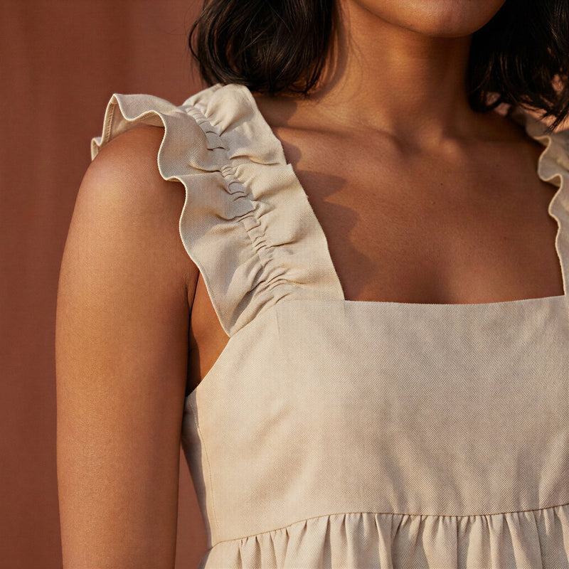 Beige Cotton Flax Ruffle-Strap Square Neck Peplum Top 34" / Custom Height (Free) Beige Cotton Flax Ruffle-Strap Square Neck Peplum Top 34" / Custom Height (Free)
