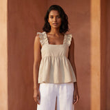 Beige Cotton Flax Ruffle-Strap Square Neck Peplum Top
