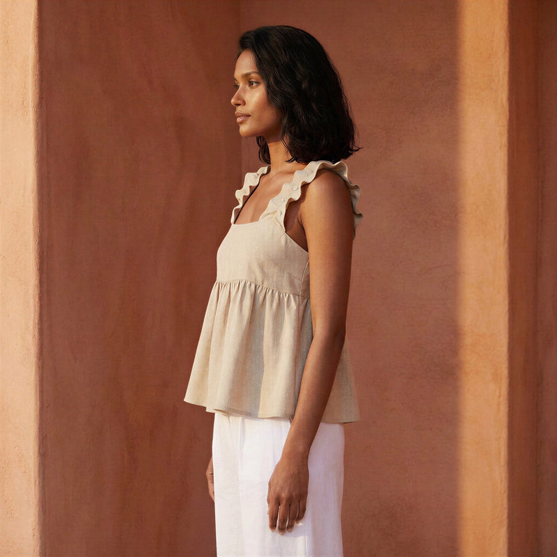 Buy Beige Cotton Flax Ruffle-Strap Square Neck Peplum Top Online