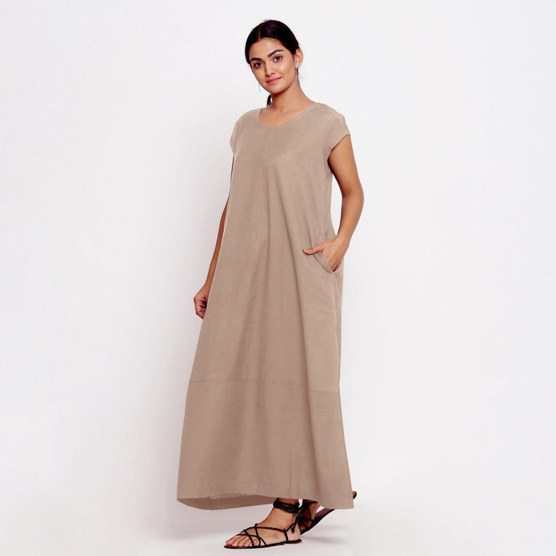 Beige Cotton Flax Scoop Neck Paneled Maxi Dress 48